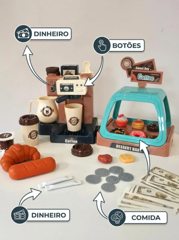 Brinquedos Educativos Cafeteira Infantil e Caixa Registradora Kit Cozinha Menina e Menino Brinquedo Montessori Presente Dia das Crianças Educacional Comidinha de Madeira de Plástico Azul - brinquedo infantil da Kinderland Brinquedos