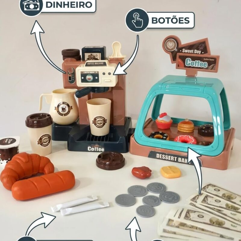 Brinquedos Educativos Cafeteira Infantil e Caixa Registradora Kit Cozinha Menina e Menino Brinquedo Montessori Presente Dia das Crianças Educacional Comidinha de Madeira de Plástico Azul - brinquedo infantil da Kinderland Brinquedos