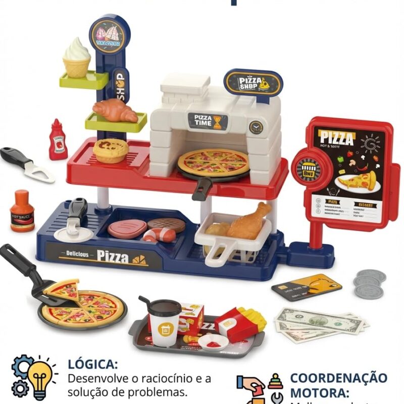 Pizza Shop Brinquedo Cozinha Infantil Menina Menino Kit Comida Brinquedo Educativo 3 Anos com Caixa Registradora Infantil de Madeira e Pizza de Brinquedo Completo Presente Criativo - brinquedo infantil da Kinderland Brinquedos