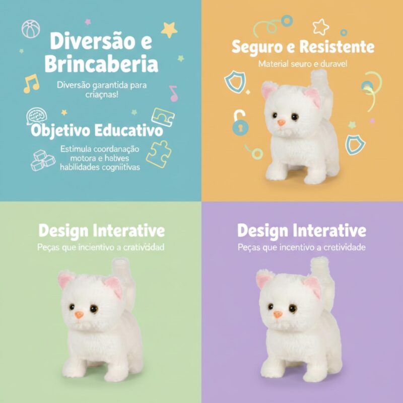 Gatinha Interativa de Pelúcia Branca e Rosa – Brinquedo com Som e Movimento a Pilha, Gata que Anda e Mia, Presente Menina e Menino, Pet com Embalagem Estilo Casinha de Papelão - brinquedo infantil da Kinderland Brinquedos
