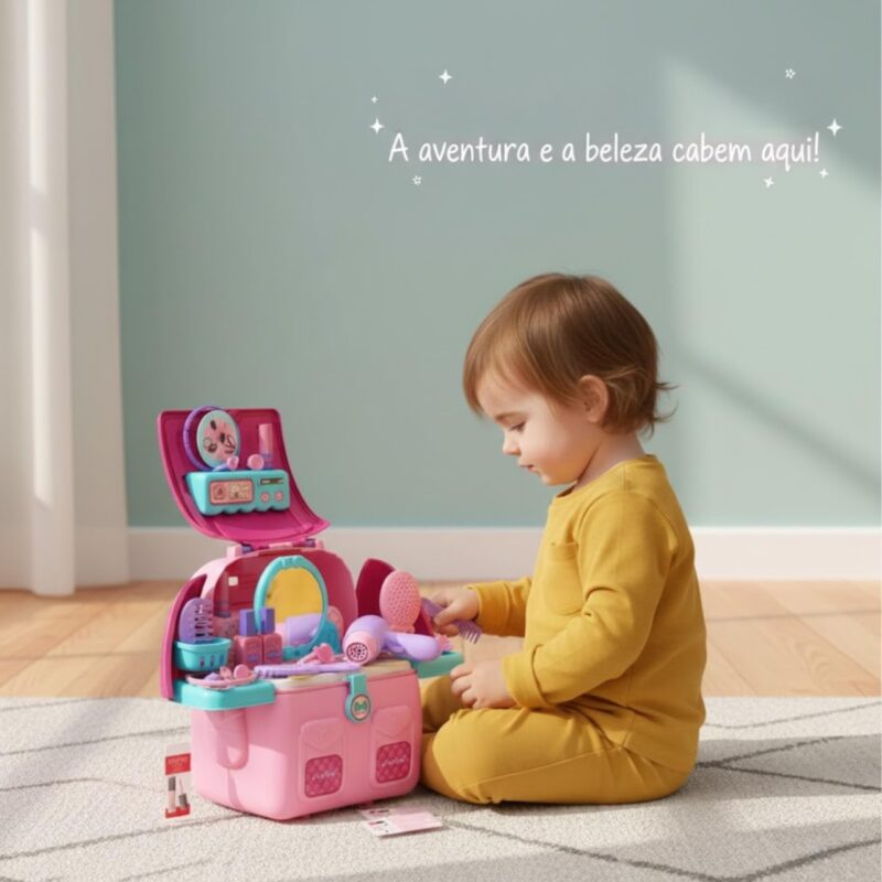 Brinquedo Educativo Mochila Infantil 4 em 1 Casinha de Boneca e Kit Maquiagem Penteadeira Menina com Som e Luz Brinquedos Educativos 3 Anos Montessori Presente Rosa Educacional - brinquedo infantil da Kinderland Brinquedos