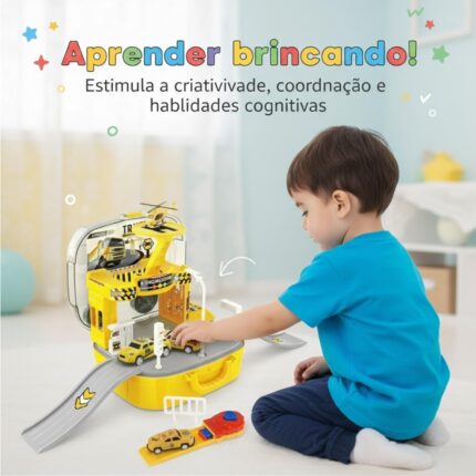 Maleta 2 em 1 Pista de Carrinhos e Estação de Engenharia com Helicóptero e Lançador, Brinquedos Educativos 3 Anos, Presente Menino e Menina Infantil Garagem Portátil Montessori - brinquedo infantil da Kinderland Brinquedos