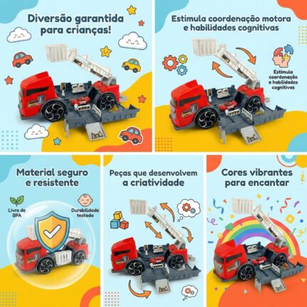  Caminhão de Bombeiro Infantil 2 em 1 Playset Garagem e Pista de Carrinho com 6 Veículos Miniatura Brinquedo Educativo para Menino e Menina 3 Anos ou Mais Presente Dia das Crianças - brinquedo infantil da Kinderland Brinquedos