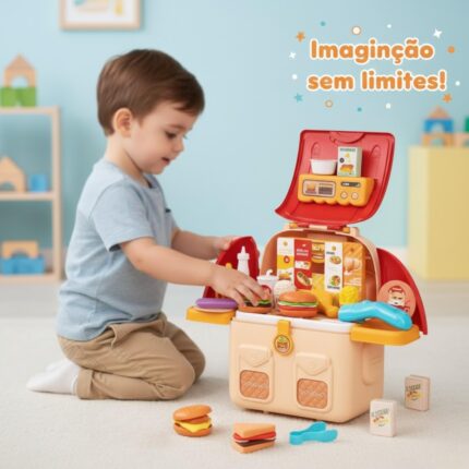 Brinquedo Educativo Mochila Infantil 2 em 1 Casa de Boneca e Restaurante Menina e Menino Kit Cozinha Montessori Som e Luz Presente Dia das Crianças Brinquedos Educativos 3 Anos - brinquedo infantil da Kinderland Brinquedos