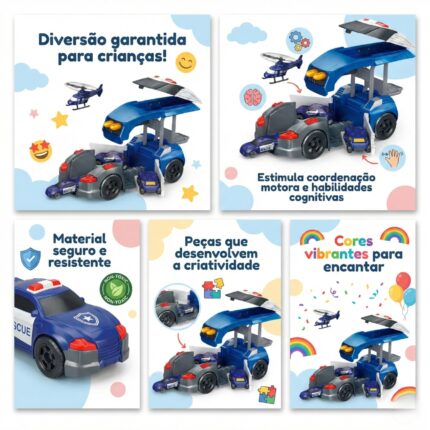 Carrinho de Polícia Brinquedo Educativo 3 Anos Menino Menina Garagem 2 em 1 com Mini Carros e Helicóptero Presente Dia das Crianças Pista Lançador Didático Montessori Transformável - brinquedo infantil da Kinderland Brinquedos