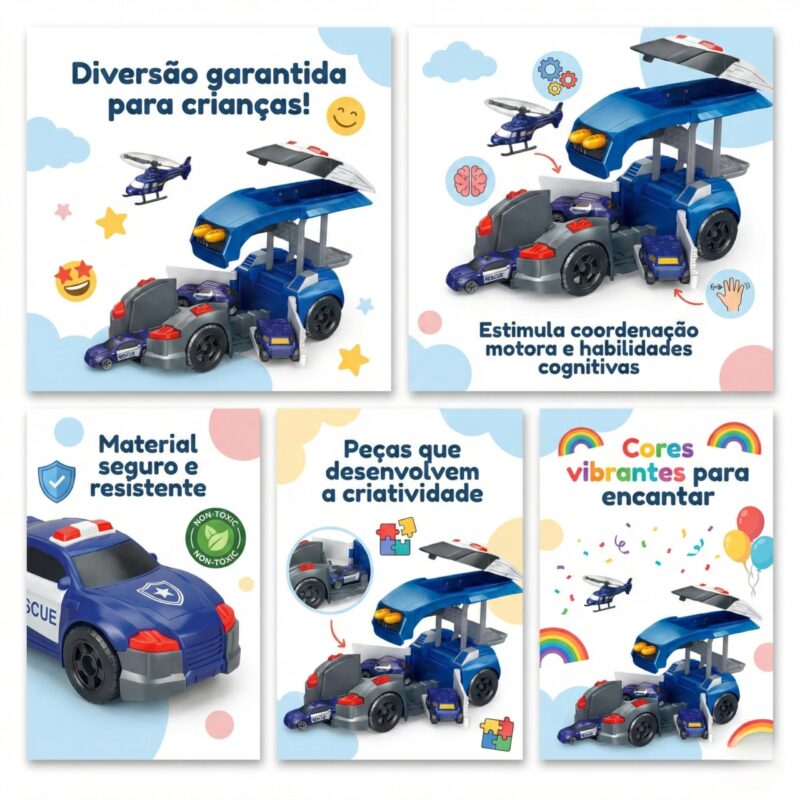 Carrinho de Polícia Brinquedo Educativo 3 Anos Menino Menina Garagem 2 em 1 com Mini Carros e Helicóptero Presente Dia das Crianças Pista Lançador Didático Montessori Transformável - brinquedo infantil da Kinderland Brinquedos