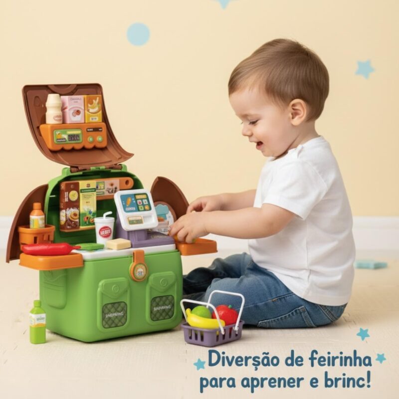 Brinquedo Educativo Supermercado e Casa 4 em 1 Mochila Infantil Montessori Menina e Menino Kit Cozinha com Som e Luz Comidinha Boneca Presente Dia das Crianças Verde - brinquedo infantil da Kinderland Brinquedos