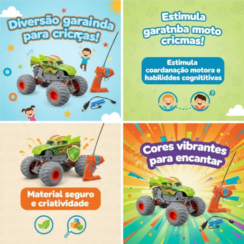   Carrinho de Controle Remoto Monster Truck Dragão Dinossauro 1:16 Off-Road 4×4 Luz LED – Brinquedo Infantil Menino e Menina Presente Ideal 4 5 6 7 8 Anos+ Recarregável Melhor que Tablet - brinquedo infantil da Kinderland Brinquedos