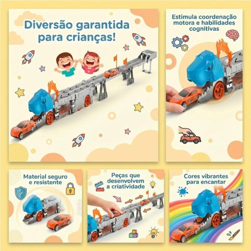 Caminhão Cegonha Dinossauro Pista Lançadora com Carrinhos de Metal, Brinquedos Educativos 3 Anos, Presente Menino e Menina Infantil Montessori Aventura Pista de Corrida e Garagem - brinquedo infantil da Kinderland Brinquedos