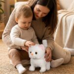 Gatinha Interativa de Pelúcia Branca e Rosa – Brinquedo com Som e Movimento a Pilha, Gata que Anda e Mia, Presente Menina e Menino, Pet com Embalagem Estilo Casinha de Papelão - brinquedo infantil da Kinderland Brinquedos