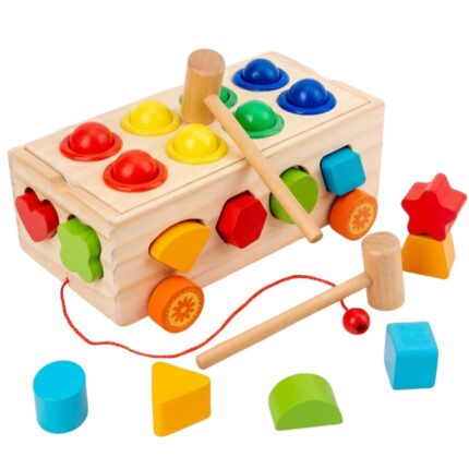 Brinquedo de Arrastar de Madeira Montessori com Martelo e Formas: - brinquedo infantil Kinderland Toys