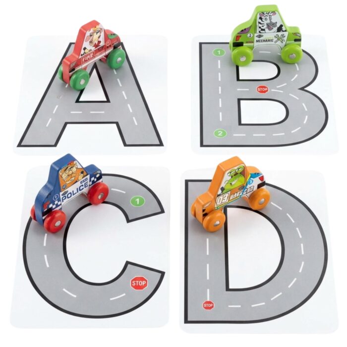 Kinderland Toys Brinquedo de Madeira Alfabeto A-Z Montessori Brinquedos Educativos 2 a 3 Anos Carrinhos Jumbo Empilháveis e Flashcards de Letras Menino Menina Presente Aprendizado Coordenação Motora