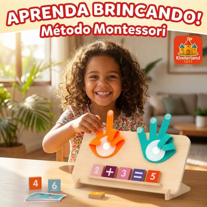 Kinderland Brinquedo Educativo de Matemática para Crianças 2 a 7 Anos | Aprender Contar e Somar com Blocos e Mãos Montessori | Brinquedo de Alfabetização Numérica com Cartões