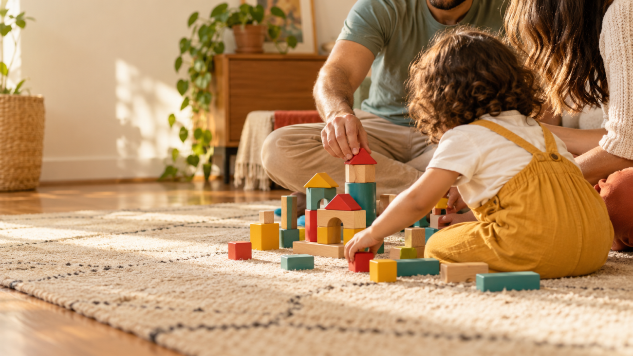 Família brincando junta com blocos de madeira em casa