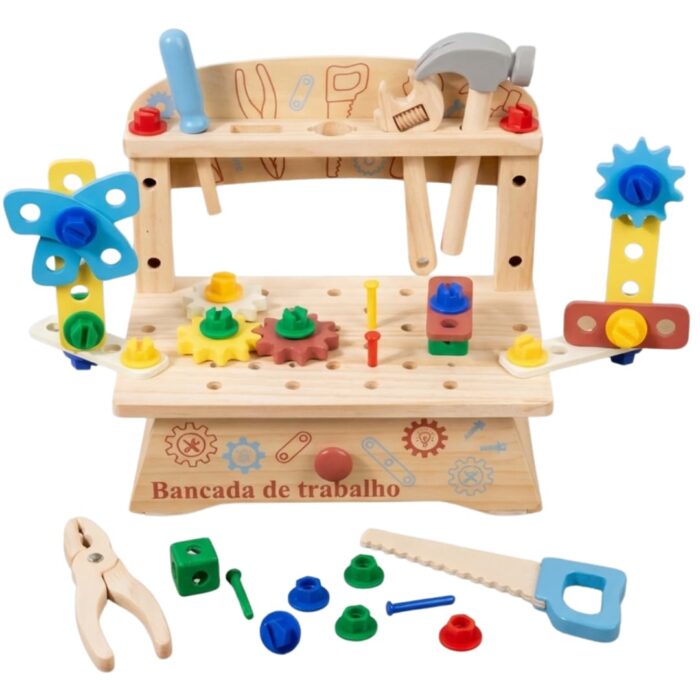 Bancada de Ferramentas de Madeira Montessori Brinquedo Educativo Infantil 1 a 4 Anos Quebra Cabeça de Montar Presente Menina e Menino Motoricidade Fina e Aprendizado Criativo Azul