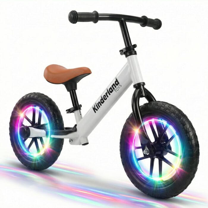 Kinderland Bicicleta de Equilíbrio Infantil Rodas LED Patente Design - Brinquedo Montessori Educativo Menina Menino 2-6 Anos - Presente Mágico para Grande Aventura e Coordenação, Branco