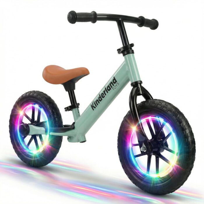 Kinderland Bicicleta de Equilíbrio Infantil Rodas LED Patente Design - Brinquedo Montessori Educativo Menina Menino 2-6 Anos - Presente Mágico para Grande Aventura e Coordenação, Verde