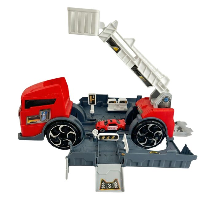 Caminhão de Bombeiro Infantil 2 em 1 Playset Garagem e Pista de Carrinho com 6 Veículos Miniatura Brinquedo Educativo para Menino e Menina 3 Anos ou Mais Presente Dia das Crianças
