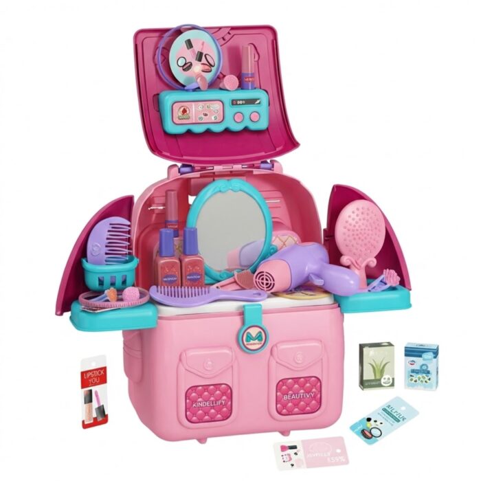 Brinquedo Educativo Mochila Infantil 4 em 1 Casinha de Boneca e Kit Maquiagem Penteadeira Menina com Som e Luz Brinquedos Educativos 3 Anos Montessori Presente Rosa Educacional