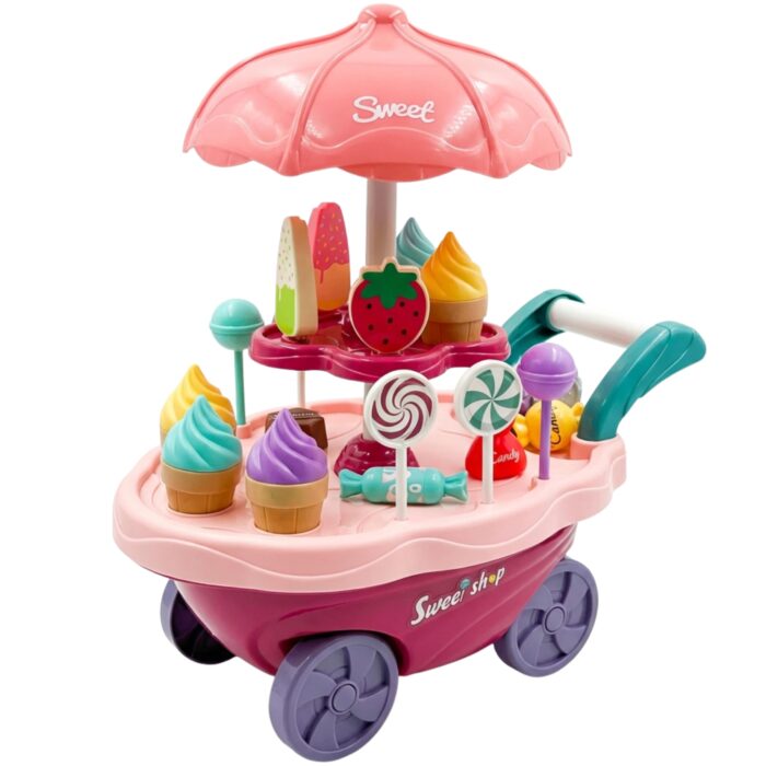 Brinquedo Educativo Carrinho de Sorvete Infantil Menina e Menino Sorveteria com Luz de LED e Som 30 Peças Montessori Presente Dia das Crianças Brinquedo Infantil Menina 3 Anos Rosa
